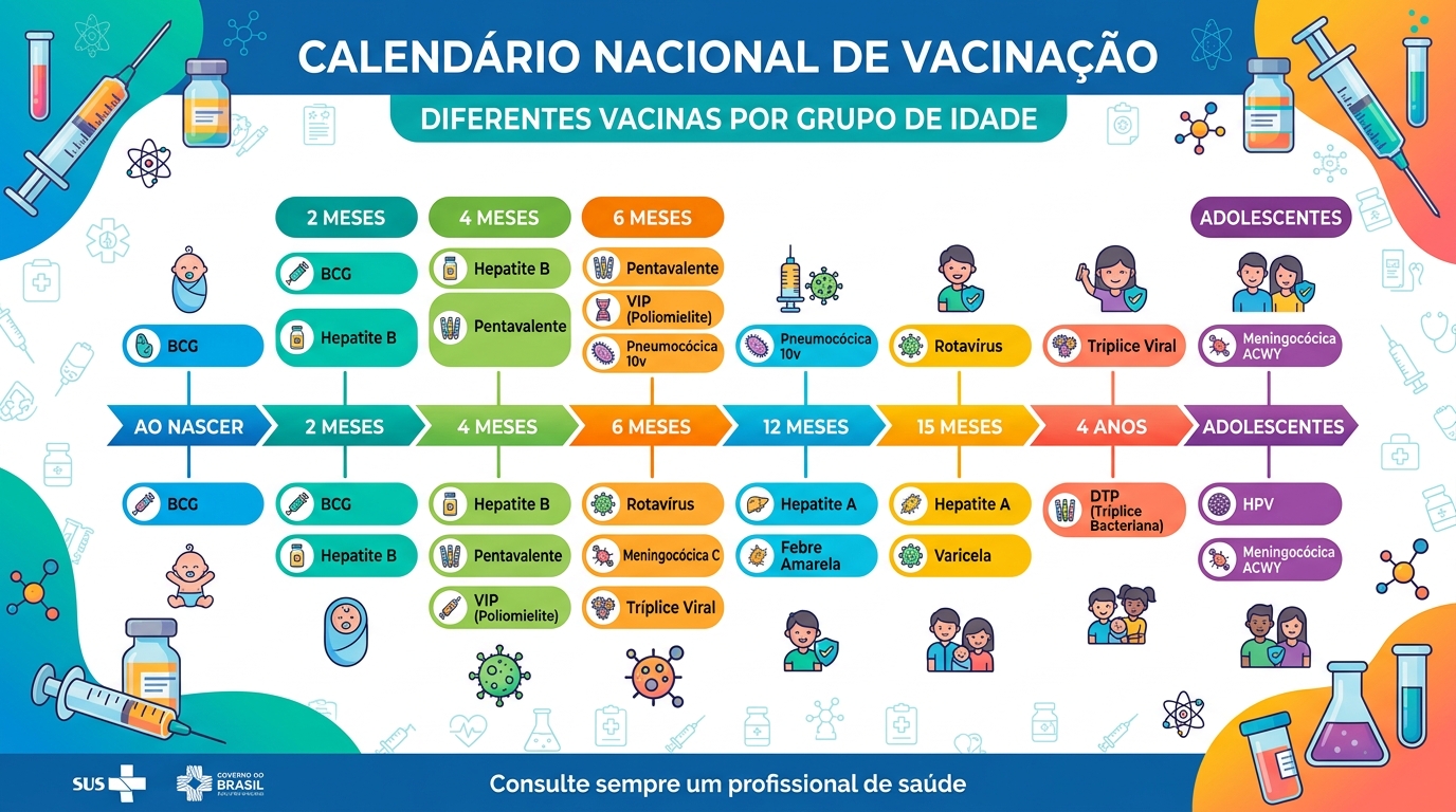 Calendário de vacinação colorido mostrando diferentes vacinas por faixa etária